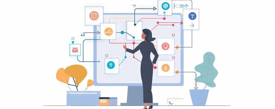 A project coordinator managing multiple teams via a complex flowchart of tasks and dependencies