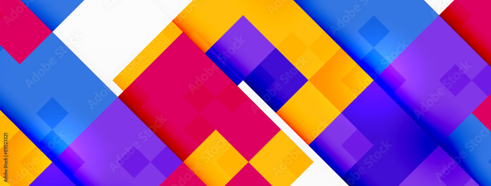 Poster Enhance the colorfulness of your design with a vibrant background featuring a geometric pattern of purple, orange, violet, and magenta rectangles and triangles on a white canvas. A true art piece