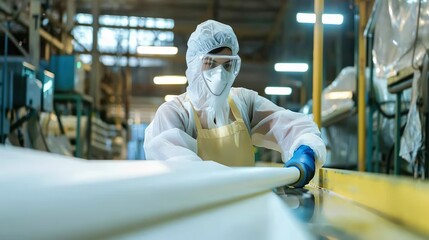 A worker wearing protective gear, handling fiberglass material in a manufacturing facility.