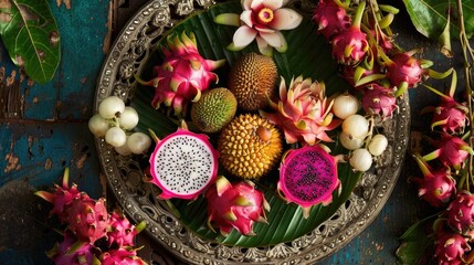 Plate of dragon fruit longan and maracuya showcasing exotic tropical fruits - Powered by Adobe