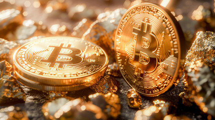 bitcoin and gold bars , future money background  .