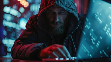 A hacker wearing a hoodie and typing furiously on a laptop, breaking into a corporate database from a remote location