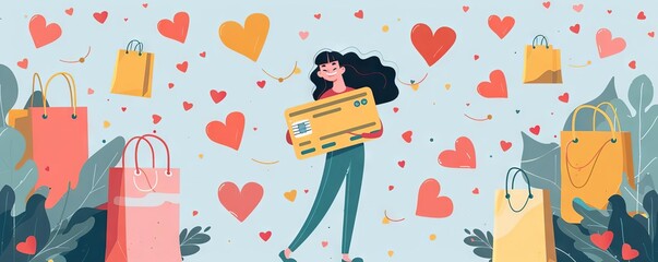 A satisfied customer hugging a giant loyalty card, surrounded by floating hearts and shopping bags