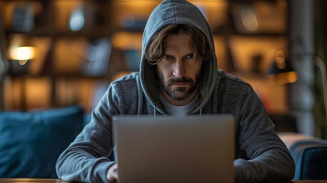 A hacker wearing a hoodie and typing furiously on a laptop, breaking into a corporate database from a remote location