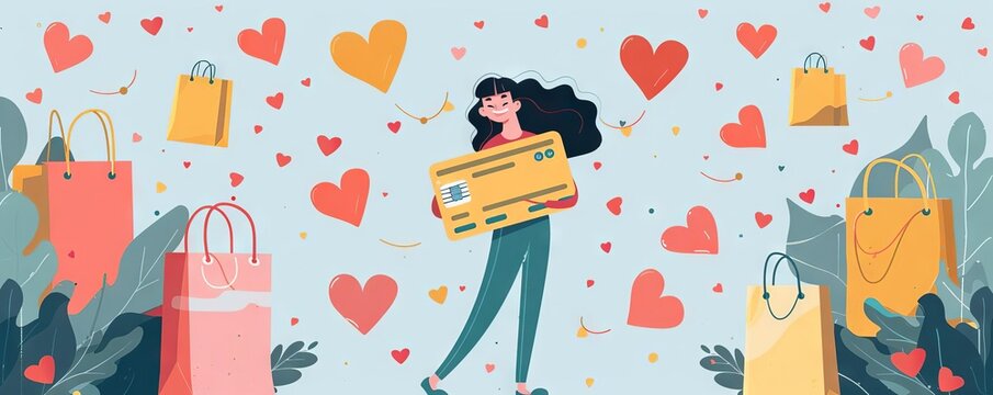 A satisfied customer hugging a giant loyalty card, surrounded by floating hearts and shopping bags