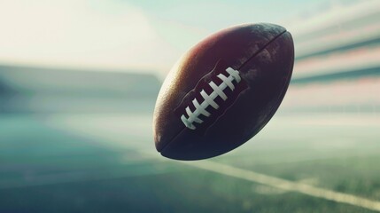 Close up of an American football in mid air