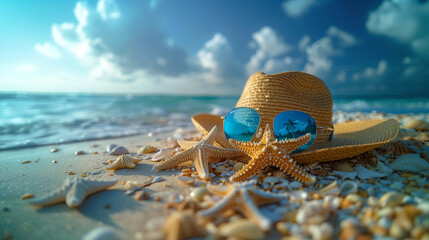 A straw hat, blue sunglasses and starfish on a sandy beach