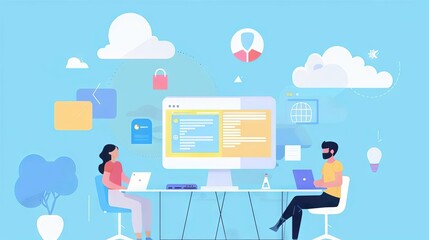 A social media marketing team discussing campaign strategies on a video call, sharing content through cloud storage