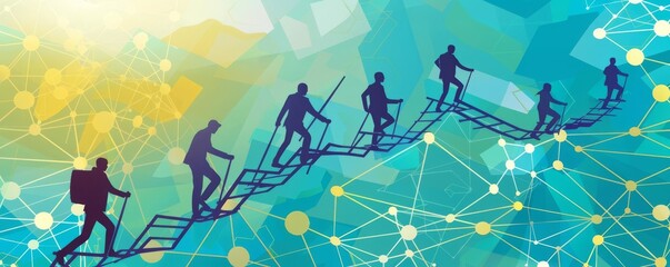 A symbolic illustration of business professionals scaling interconnected ladders to reach new career goals