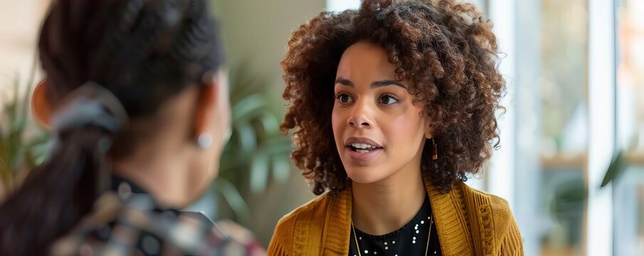 A team leader conducting a oneonone mentoring session with a promising young talent, offering career advice