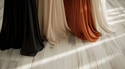 Close-up of three long women dresses in the room with wooden floor