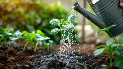 Close-up of a person watering a young plant with a watering can in a garden