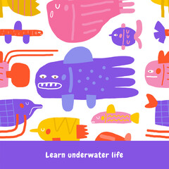 Obraz premium Cute underwater banner, flyer, card with funny hand drawn doodle . Sea, ocean bottom reef cover, template, banner, poster, print. Cartoon style background for kids