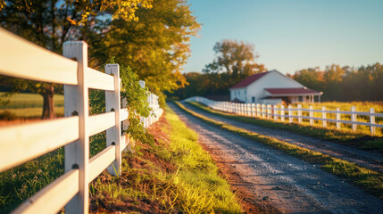 Road in countryside along a white fence with a house in the background