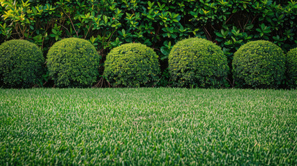 Green lawn and a row of bushes with green leaves on background