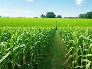 Fototapeta premium Corn field, blue sky with sunset or sunlight. agriculture farming concept.