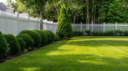 White fence surrounding a lush green lawn on the backyard