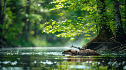 Beaver swimming in a river in summer