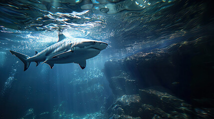 Naklejka premium Shark in the ocean with the sun shining through the water