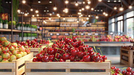 Wooden crates with cherry and other fruits in retail store