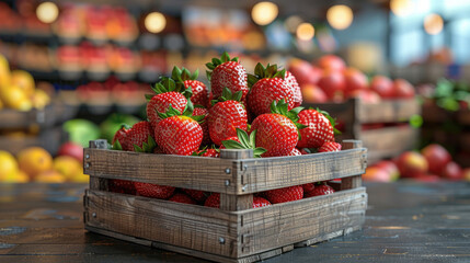 Wooden crate with strawberries in the retail store with other fruits and vegetables on background