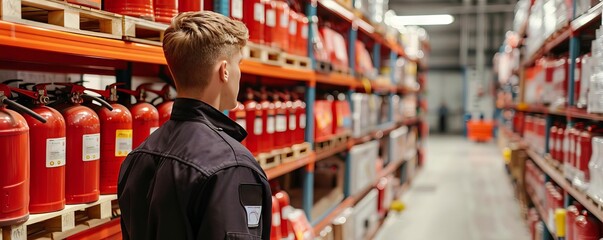 A warehouse manager ensuring fire extinguishers and emergency exits are properly labeled and accessible