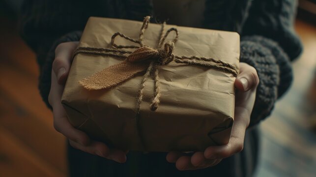 A person holding a brown wrapped gift. Generative AI.