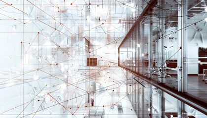 An abstract network of nodes and lines spanning across an office floor plan, highlighting connections between departments