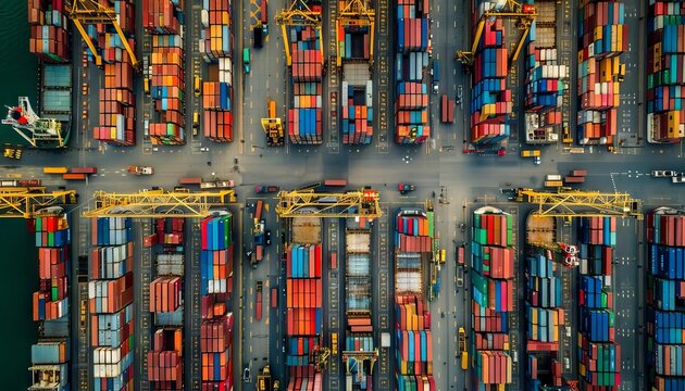 An aerial view of a vast industrial port filled with ships, trains, and trucks moving goods across continents