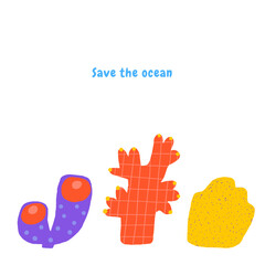 Cute underwater banner, flyer, card with funny hand drawn doodle coral, sponge, sea weed, sea plant. Sea, ocean bottom reef cover, template, banner, poster, print. Cartoon style background for kids