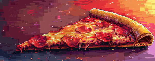 A pixel art rendition of a pizza with bright, bold colors, positioned on the right side of the banner with copyspace for a retro vibe.