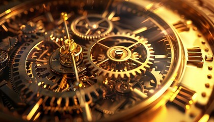 An artistic image of golden gears turning inside a clock, representing efficient revenue cycles