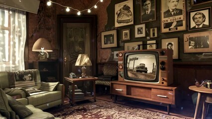 An antique television set serves as the room's focal point, evoking a sense of nostalgia. seamless...