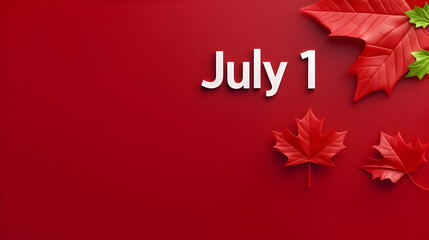 Banner for Canada Day, inscription in white color July 1st on a red background with red maple leaves