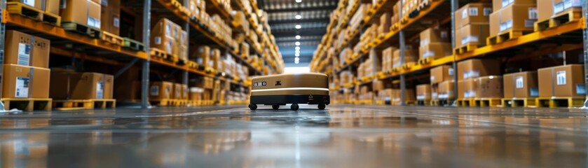 Obraz premium An ecommerce warehouse with robotic systems managing inventory, providing global fulfillment with high efficiency