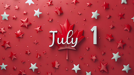 Banner for Canada Day, inscription in white color July 1st on a red background with red maple leaves