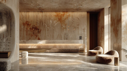 A minimalist waiting area with a textured wall and plush, velvet seating for a touch of luxury.