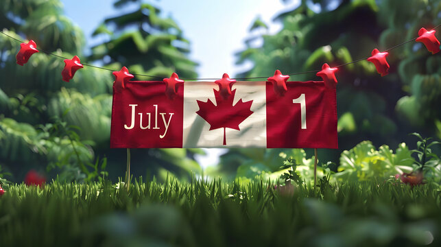 Banner for Canada Day, inscription in white July 1st on a forest background