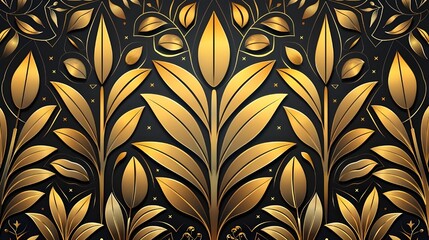 Luxury golden wallpaper. Floral pattern with gold leaves. background with nature elements in line art style.