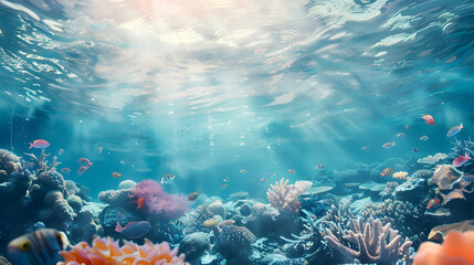 Obraz premium banner for every peaceful ocean day, underwater world, colorful corals and the sun breaking through the water surface