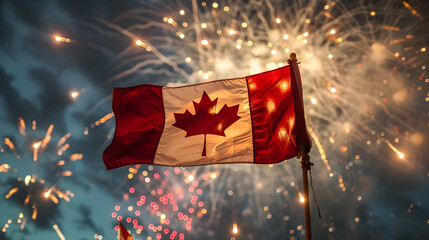 Canadian flag close-up against the background of festive fireworks	