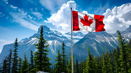 Canada day banner, canada flag on mountain landscape background with place for text	