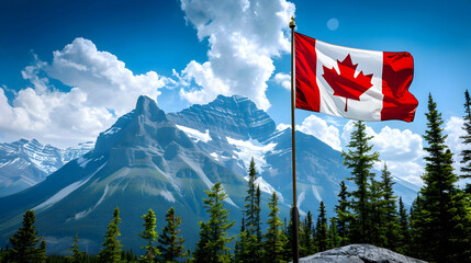 Canada day banner, canada flag on mountain landscape background with place for text	