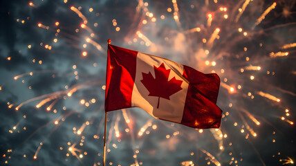 Canadian flag close-up against the background of festive fireworks	