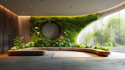 Modern office waiting area with sleek, curved benches and a moss wall as the centerpiece.