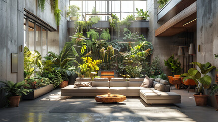 Open-air waiting area within an office atrium, featuring hanging plants and natural light.