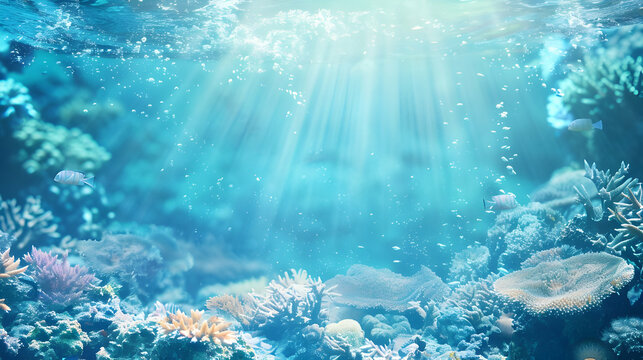 banner for every peaceful ocean day underwater world, colorful corals and the sun breaking through the water surface