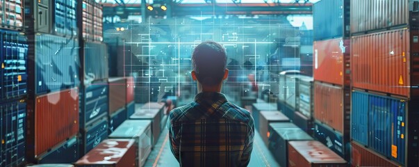 An executive using a digital dashboard to monitor global supply chains, ensuring efficient logistics and delivery