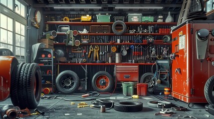 3D rendering of a garage with tools and equipment in the foreground, Generative AI illustrations.