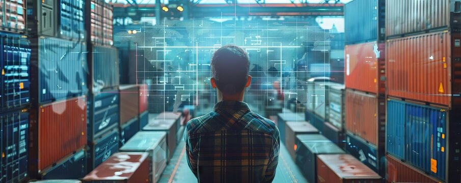 An executive using a digital dashboard to monitor global supply chains, ensuring efficient logistics and delivery